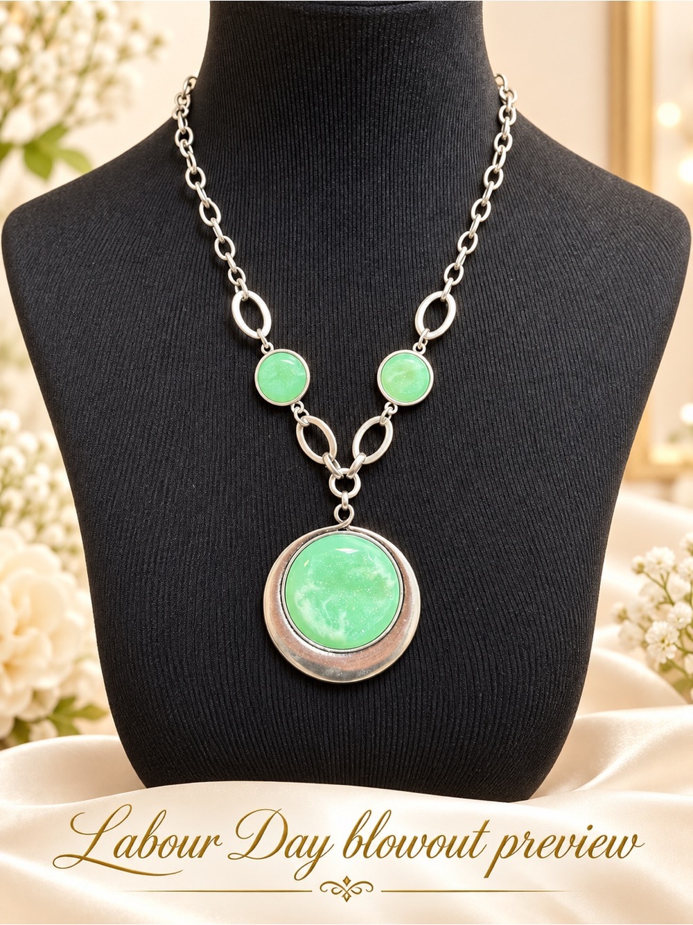 Silver Chain Necklace with Green Faux Druzy Stone Pendant - Women Jewelry